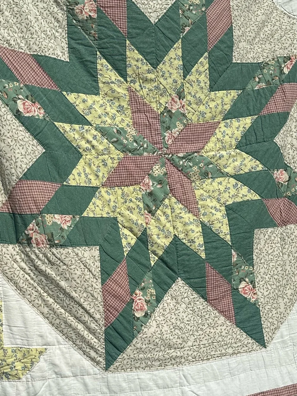Vintage Handmade Star Quilt Full Queen 80x98 Floral Cottage Hand Quilted